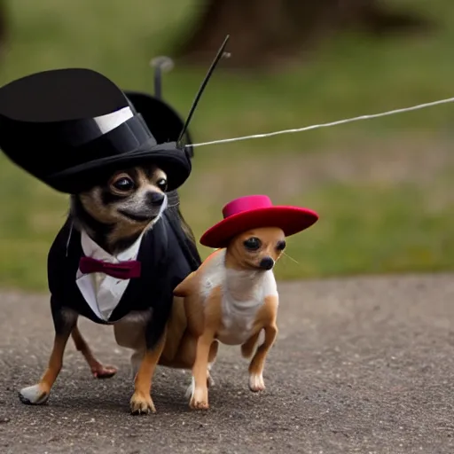 Image similar to a Chihuahua with a top hat walking a person on a tightrope