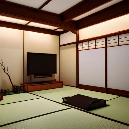 Image similar to still photo of a japanese living room, highly detailed, photorealistic portrait, bright studio setting, studio lighting, crisp quality and light reflections, unreal engine 5 quality render