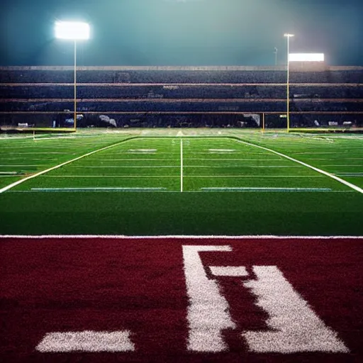 Prompt: american football on a football field with stadium light, epic, hyper realistic award winning sports photography, centered symmetrical composition with border, volumetric lighting