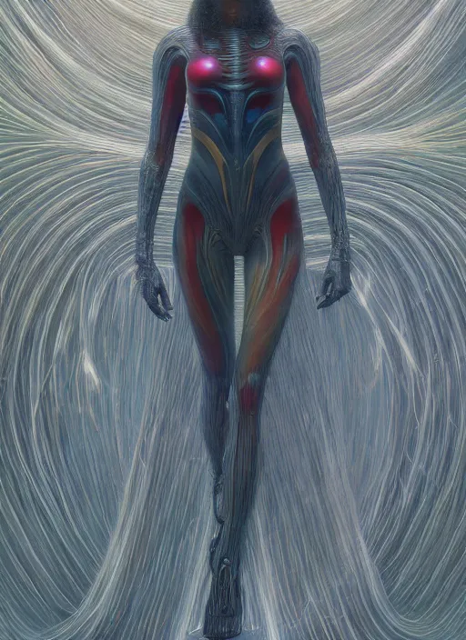 Image similar to Wanda Maximoff, dynamic pose, glowing, wires everywhere, by Edgar Maxence and Ross Tran, Zdzisław Beksiński, and Michael Whelan, distant, gustav dore, H.R. Giger, 8k, octane render