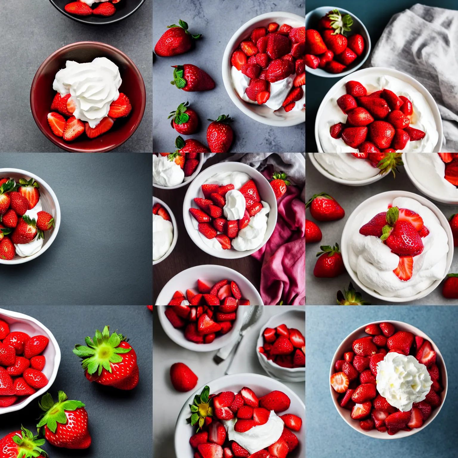 Prompt: strawberries topped with whipped cream in a bowl, food photography, bright studio lighting
