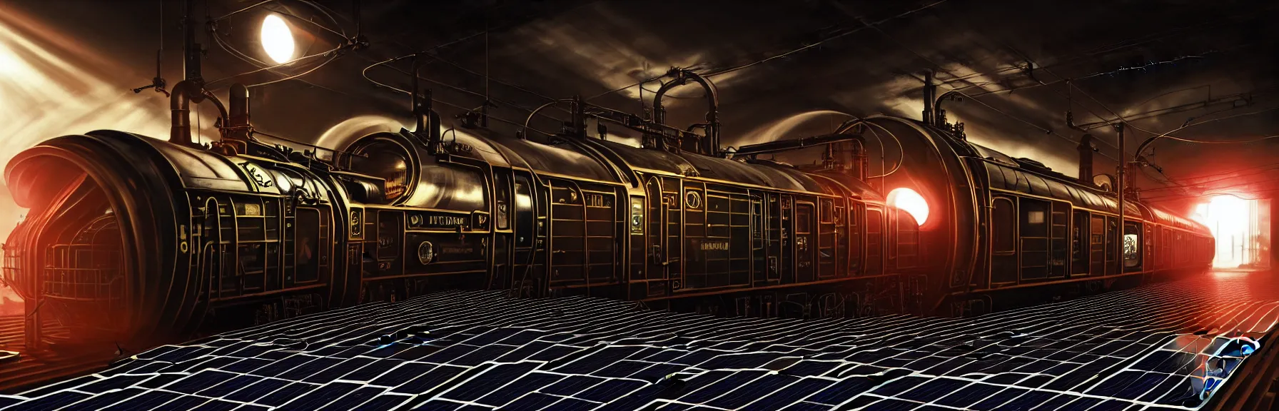 Image similar to solar - punk war train, vacuum tube - punk, electron tube - punk. 8 k resolution concept art hyperdetailed trending on artstation unreal engine hyperrealism art. baroque elements. intricate artwork by caravaggio