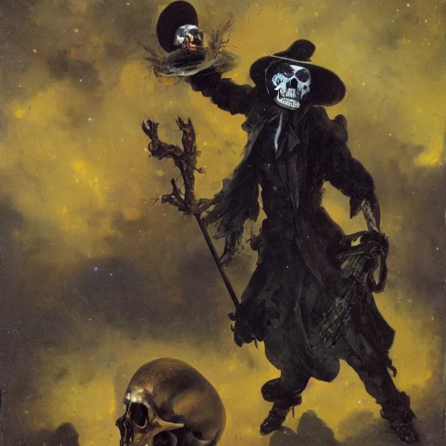 Image similar to grim-hatter, skull cane, voodoo ritual gear, matte painting art from goya and pirner, cursed oil painting, cosmic nebula color tones