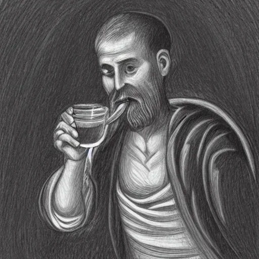 Prompt: pencil sketch of a Greek Orthodox monk drinking mead from a barrel