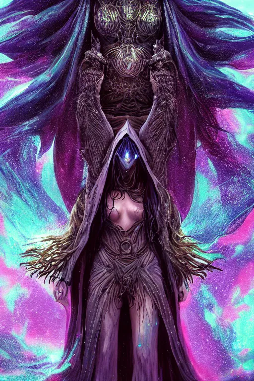 Prompt: a full body portrait of a mysterious goddess with a very long hooded cloak made of stars and clouds, by maciej kuciara and jason chan, ominous, cosmic horror, trending on artstation, ultra detailed, hyper realistic 4 k, volumetric light, iridescent, rainbow colors