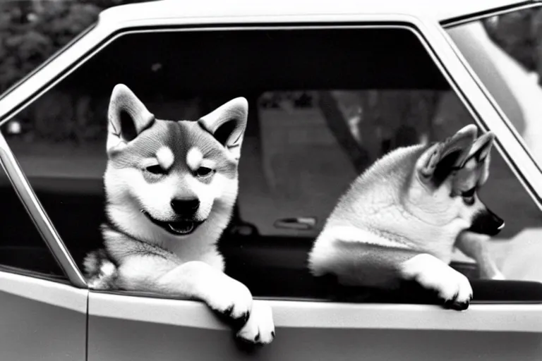 Image similar to picture of a shiba inu driving a car, 1 9 7 0 s