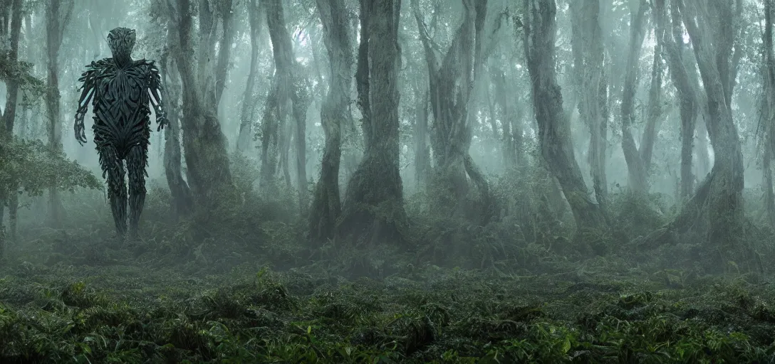 Image similar to a complex organic fractal 3 d metallic symbiotic ceramic humanoid megastructure creature in a swampy lush forest, foggy, cinematic shot, photo still from movie by denis villeneuve