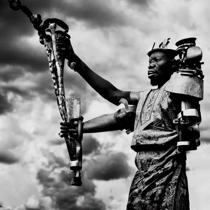 Prompt: an analogue photo of a Tribal Igbo man with a giant robotic arm, black & white, 35mm, f/1.4,