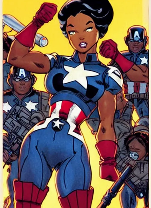 Image similar to black female captain america standing on a pile of defeated ss soldiers. feminist captain america wins ww 2. american ww 2 propaganda poster by rob liefeld, masamune shirow and pixar. gorgeous face. pin up. overwatch.