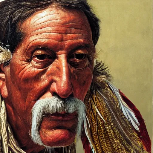 Image similar to high quality high detail painting by lucian freud, hd, portrait of an aztec priest with feathers, photorealistic lighting