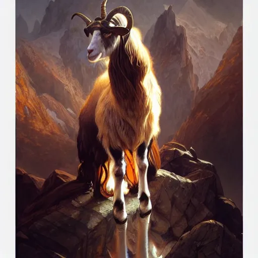 Image similar to Lionel Messi standing beside a majestic goat, D&D, fantasy, intricate, elegant, highly detailed, digital painting, artstation, concept art, matte, sharp focus, illustration, art by Artgerm and Greg Rutkowski and Alphonse Mucha