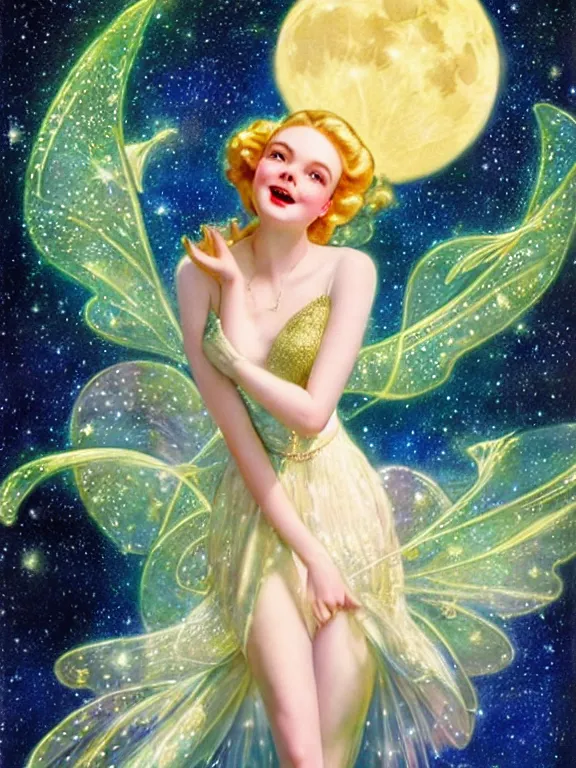 Prompt: elle fanning as tinkerbell glowing, a beautiful art nouveau portrait by Gil elvgren and Hajime Sorayama, moonlit starry sky environment, centered composition, defined features, golden ratio, gold jewlery, photorealistic professionals lighting, cinematic, sheer