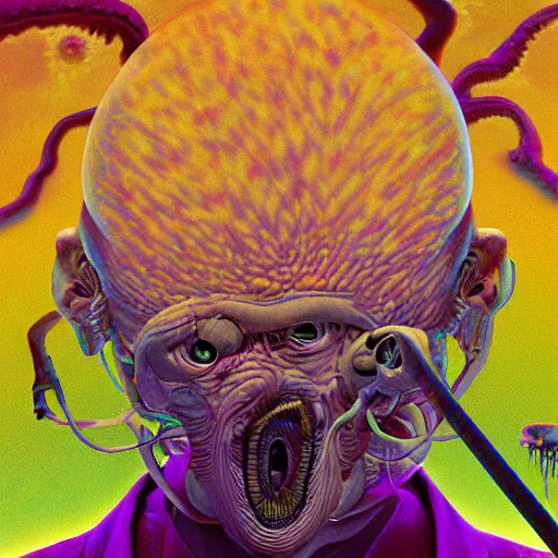 Prompt: Hyperdetailed psychedelic horror fantasy portrait of Mr Flibble by Wayne Barlowe and Beeple, vivid color, album cover,