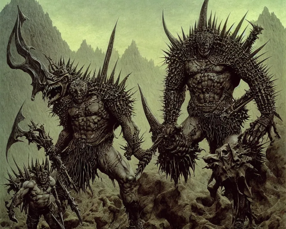 Image similar to A muscular, large fanged orc with pale skin covered in scars stands near the hills, wearing spiky, complex, detailed armor without a helmet. Extremely high detail, realistic, fantasy art, masterpiece, art by Zdzisław Beksiński, Boris Vallejo, Arthur Rackham