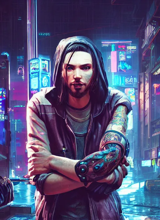 Image similar to portrait of DanTDM as a homeless character in Cyberpunk 2077, looking at camera, intricate, dystopian, sci-fi, extremely detailed, digital painting, artstation, concept art, smooth, sharp focus, illustration, intimidating lighting, incredible art by artgerm and greg rutkowski and alphonse mucha and simon stalenhag