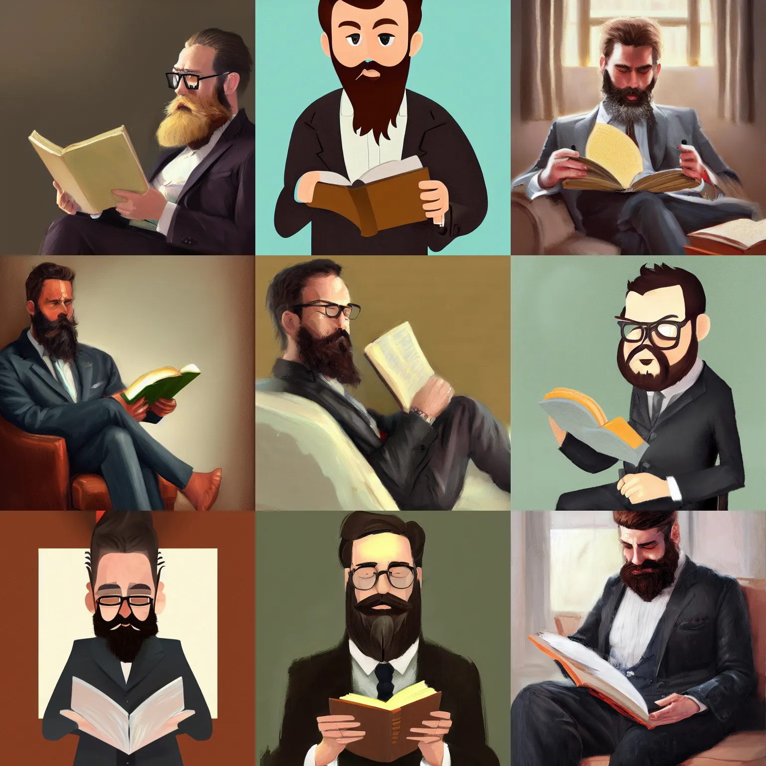 Prompt: a bearded man reading a book wearing a suit, oil painting, digital art, artstation