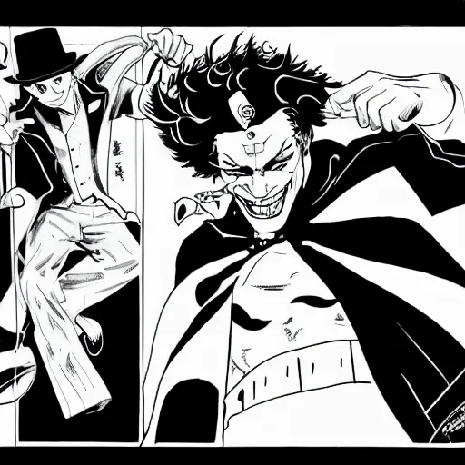 Prompt: the joker fighting jotaro kujo, illustrated hirohiko araki