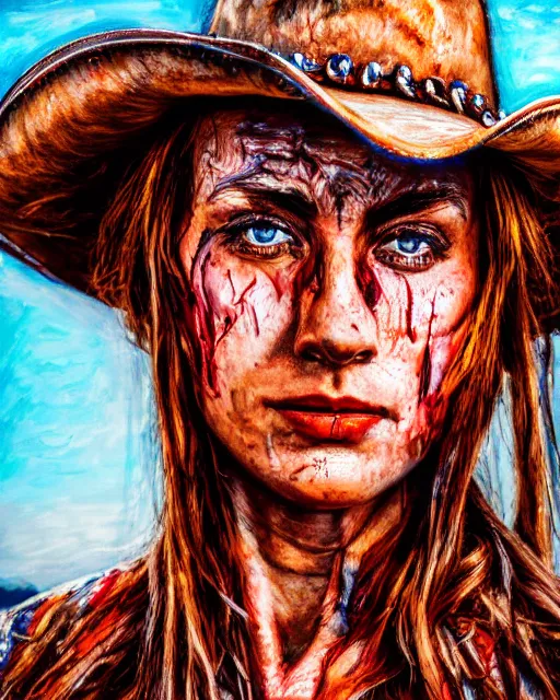 Prompt: acrylic portrait of scarred cowgirl, high production value, intricate details, high resolution, hdr, high definition, masterpiece, realistic, ultrarealistic, highly detailed, hd, sharp focus, non blurry, sharp, smooth