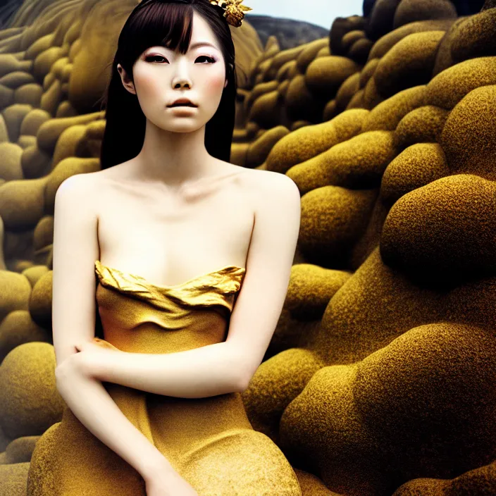 Image similar to Kodak Portra 400, 8K, soft light, volumetric lighting, highly detailed, Rena Nounen style 3/4 ,portrait photo of a Japanese ravishing Goddess by WLOP, the face emerges from a lava flowing gold travertine terraces with lotus flowers, inspired by Ophelia paint , a beautiful chic dress and hair are intricate with highly detailed realistic beautiful flowers , Realistic, Refined, Highly Detailed, ethereal lighting colors scheme, outdoor fine art photography, Hyper realistic, photo realistic