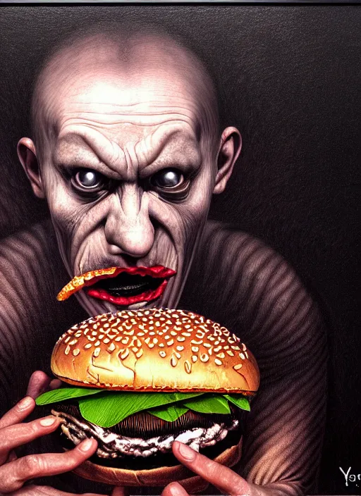 Image similar to hyper detailed 3d render like an Oil painting - Portrait of black metal singer eating a hamburger by Jacek Yerka, Mariusz Lewandowski, Houdini algorithmic generative render, Abstract brush strokes, Masterpiece, Edward Hopper and James Gilleard, Zdzislaw Beksinski, Mark Ryden, Wolfgang Lettl, hints of Yayoi Kasuma, octane render, 8k