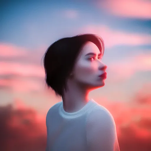 Prompt: aesthetic photo of a woman looking up with a sad expression at sunset, dslr, award winning, 8 k, octane beautifully detailed render, warm mood, cinematic lighting, detailed photo, masterpiece, volumetric lighting, ultra realistic, highly detailed, high quality, lossless, photorealistic, sharp focus, hd