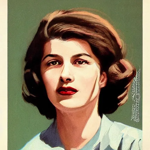 Prompt: “Irène Jacob portrait, color vintage magazine illustration 1950”