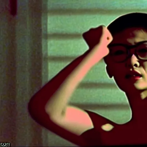 Prompt: wong kar wai dancing love movie scene. wide angle 9 mm lens, close up