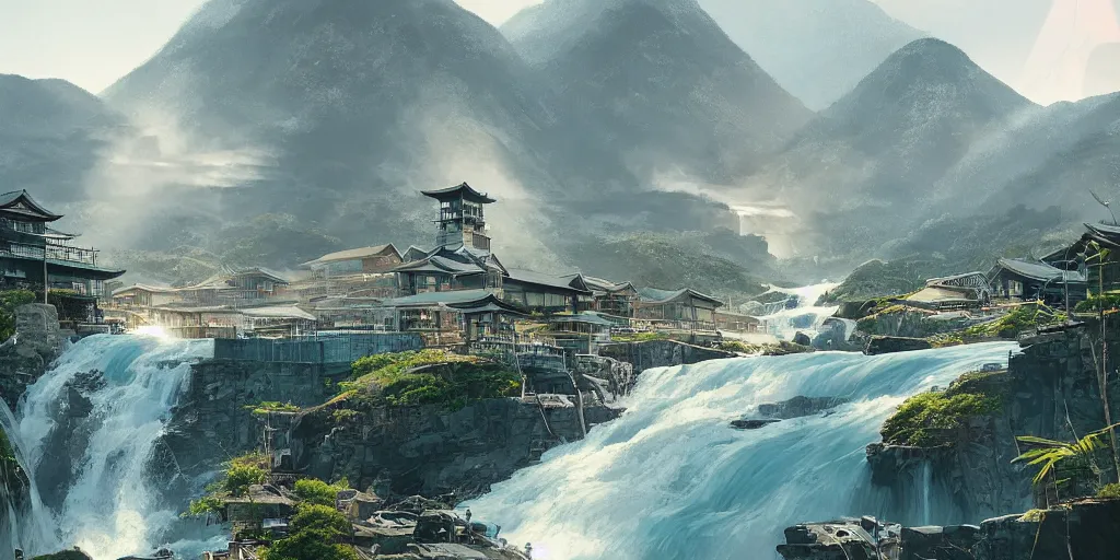 Image similar to beautiful waterfall between lush mountains late at night casting rays of light into japanese fishing village below, highly detailed, modern architecture, sharp focus, artgerm, cgsociety, desaturated by syd mead