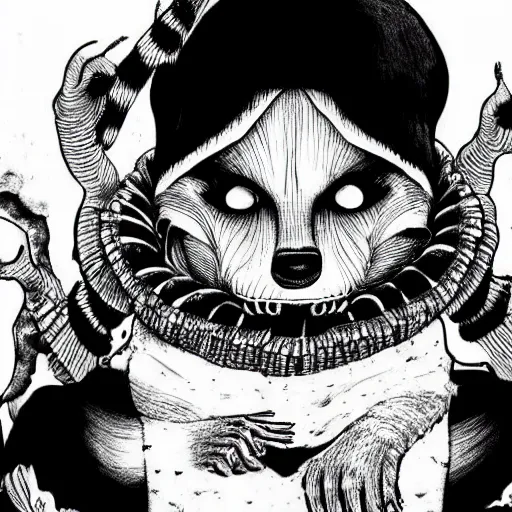 Image similar to black and white illustration creative design, raccoon, junji ito, body horror