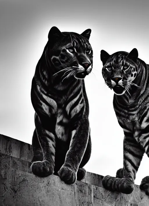 Prompt: two panther black and white portrait white sky in background