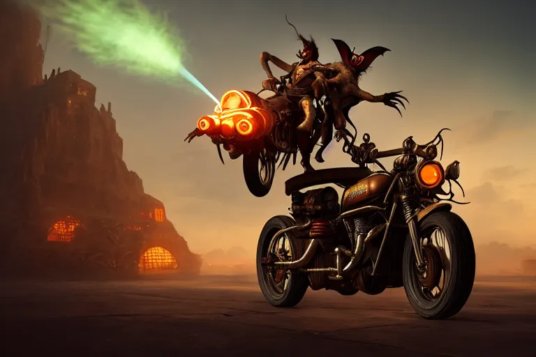 Image similar to a goblin riding a steampunk motorcycle, volumetric light, epic lighting, hyperdetailed, artstation, cgsociety, 8k