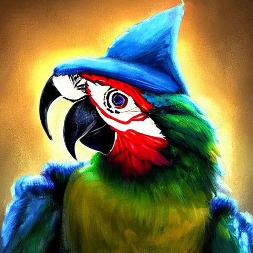 Image similar to Magic the gathering artwork of Anthropomorphized parrot trader in his shop, shelves full, selling a gem, portrait, items, magic potions, carpet, window, fancy funny hat, sly expression , cunning expression, cute expression, presenting magic gem, D&D, fantasy, cinematic lighting, highly detailed, digital painting, artstation, concept art, smooth, sharp focus, illustration, warm light, cozy warm tint, magic the gathering artwork, volumetric lighting, 8k, no gold, no gold colours, art by Akihiko Yoshida and Greg Rutkowski