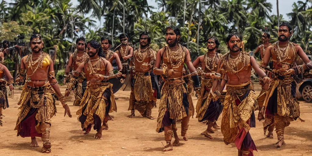 Prompt: sri lankan mad max style, sri lankan kandyan dancers, film still, epic shot cinematography, rule of thirds