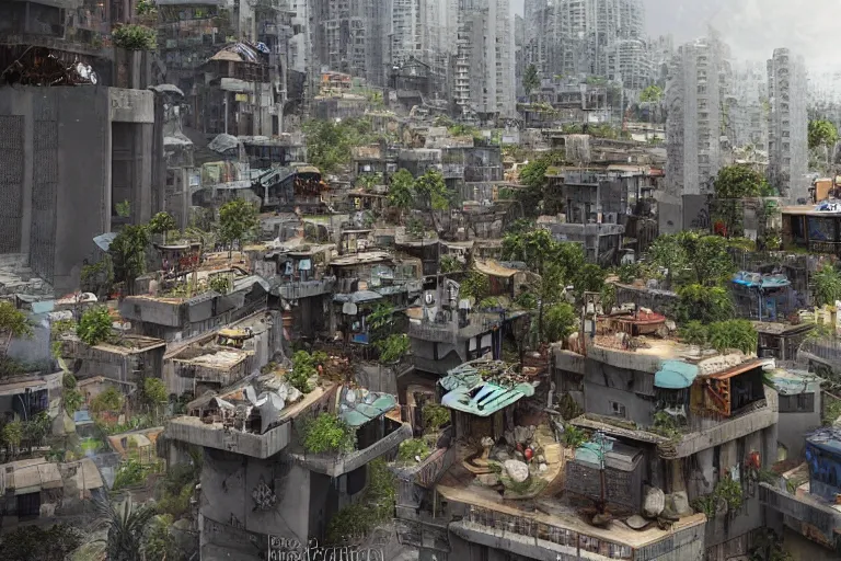 Prompt: favela built on top of scifi skyscrapers, fantasy concept art