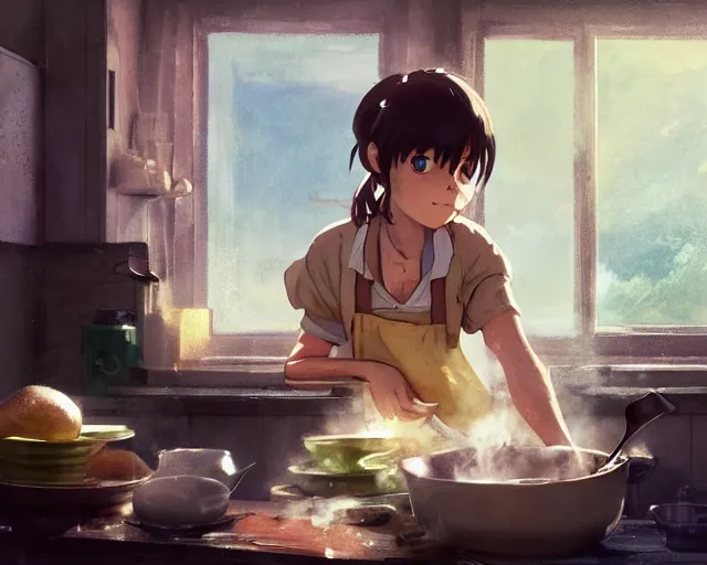 Prompt: a brunnete girl with blue eyes and puffy cooking breakfast in her messy house, holding a pan, close up shot from the side, anime art, Greg Rutkowski, studio ghibli, dramatic lighting