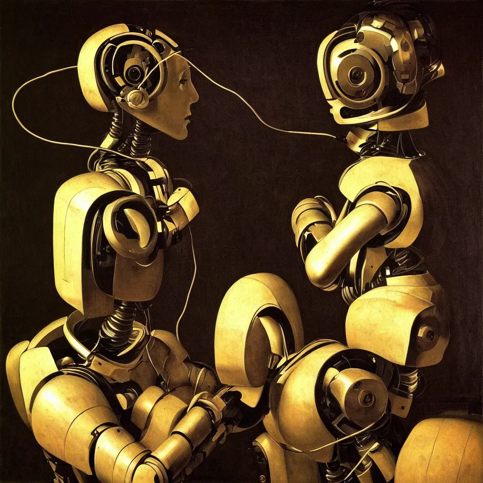 Image similar to robot with a headphone by caravaggio, dynamic lighting, cinematic, epic composition, masterpiece