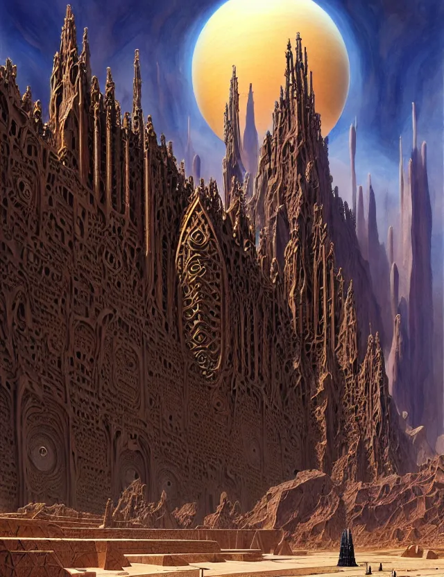 Prompt: giant immense crematorium advanced technology sci - fi architectural structure on desert planet, gothic architecture fantasy, d & d, intricate, painting by lucian freud and mark brooks, bruce pennington sakimi chan, fantasy armor, detailed face, dynamic lighting, tony sart