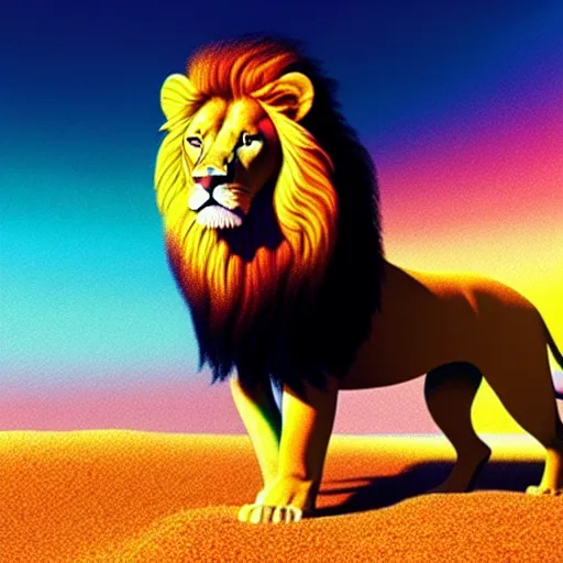 Image similar to lion made of rainbow sand, multicolor, very colourful, volumetric light, cinematic, extremely detailed, cgi, trending on artstation, hyper realistic, hd wallpaper, sharp, michael whelan, ted nasmith