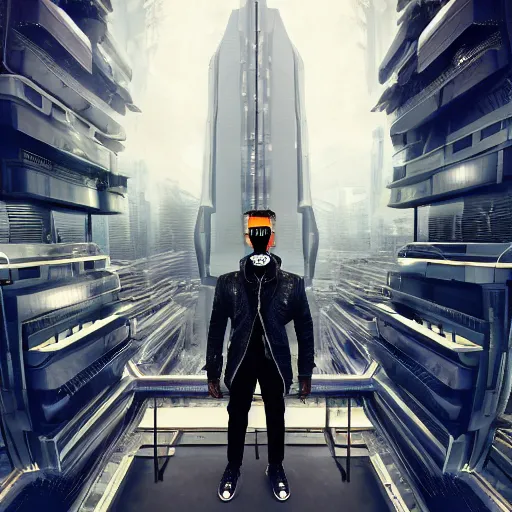 Image similar to a man dressed in cyberpunk style clothing standing on top of a raised platform, futuristic city in the background