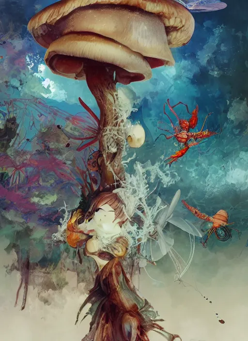 Image similar to surreal gouache painting, by yoshitaka amano, by ruan jia, by Conrad roset, by good smile company, detailed anime 3d render of a wild mushroom Surrounded by a magical dragonfly and a big DJ Mixer, deck, portrait, cgsociety, artstation, rococo mechanical and Digital and electronic, dieselpunk atmosphere