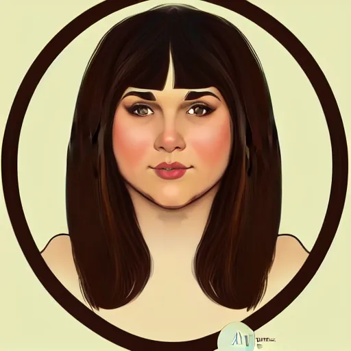 Image similar to chubby brunette woman with straight hair in a short bob, round face, romanian heritage, brown eyes, olive skin, bulbous nose, big chin, wide face, no bangs, digital art, cartoon, 8k, illustration, art nouveau, Alphonse Mucha, trending on artstation, medium shot, head shot