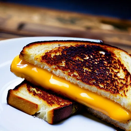 Image similar to A delicious grilled cheese on a plate, garnish, melted cheese, toasted bread, food photography, michelin star