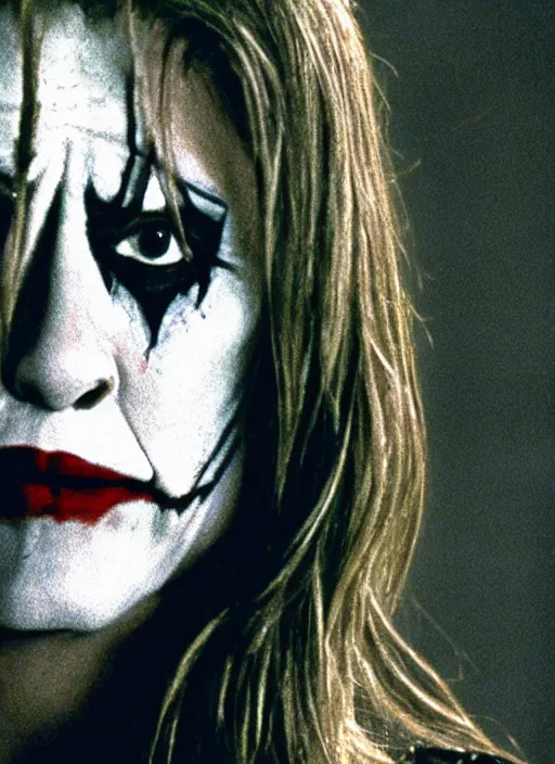 Image similar to film still of Jennifer Aniston as The Joker in The Dark Knight, 4k