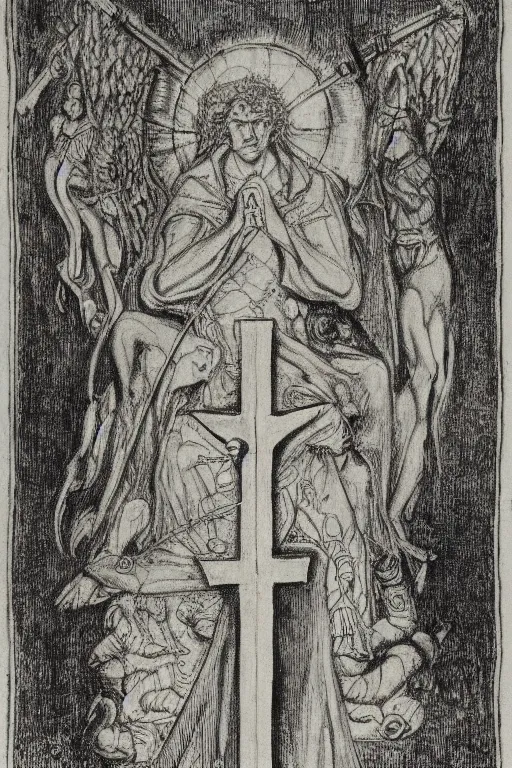 Image similar to realistic medieval etching, intrincate detail, clear cross hatching, detailed faces. by austin osman spare, occult art, alchemical diagram