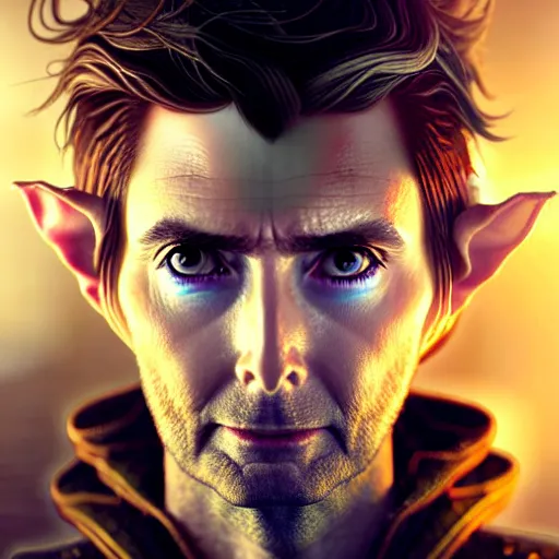 Image similar to portrait painting of a cyberpunk elven david tennant with thin pointy ears, ultra realistic, concept art, intricate details, eerie, highly detailed, photorealistic, octane render, 8 k, unreal engine. art by artgerm and greg rutkowski and charlie bowater and magali villeneuve and alphonse mucha