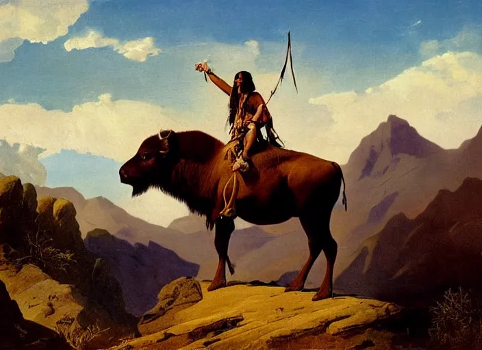 Image similar to native american riding bison, buffalo, native american warrior, mountain range, beautiful sky, standing on the edge of a cliff, 1 9 th century, painted by frazetta