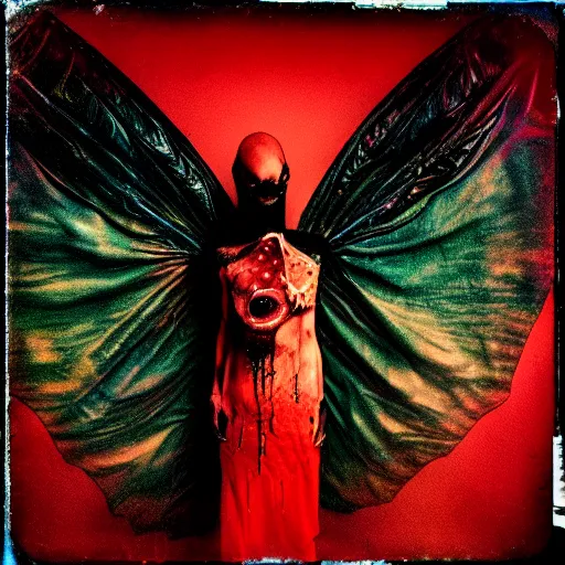 Image similar to a dark artistic photo of an alien creature with crazy wings, a polaroid photo, bleeding decaying colors!