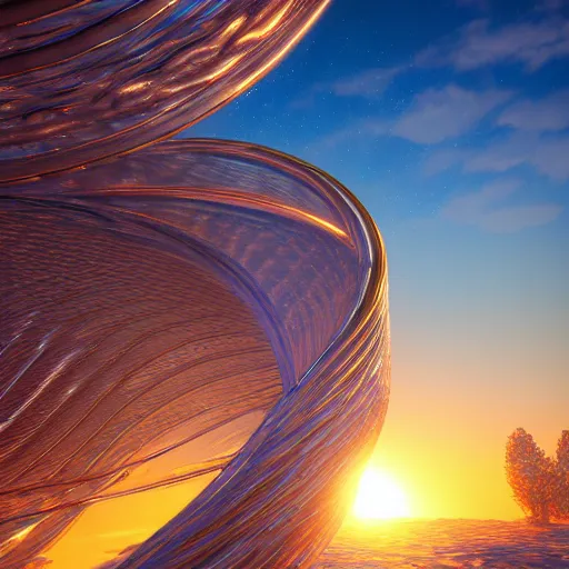 Image similar to Render of a beautiful spiraling gigantic radiant blue crystal, golden hour, serene, far away shot, hyperdetailed, trending on Artstation, Unreal Engine 4k