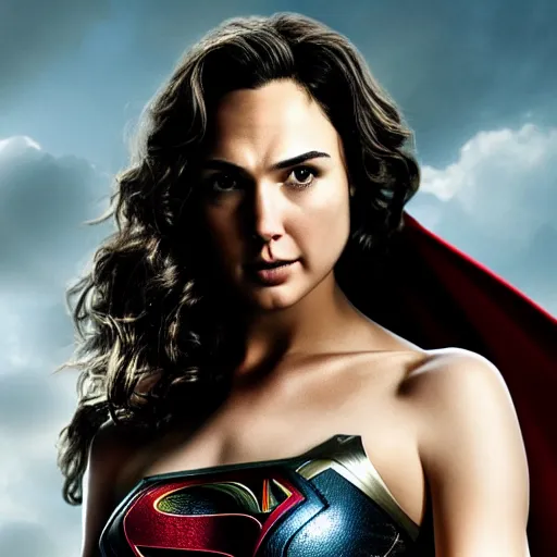 Image similar to an potrait of gal gadot play Man of Steel replacing Henry Cavill, photorealistic, high detail, photo studio, testing custom, 4k