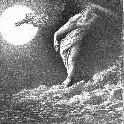 Prompt: in the beginning god created the heavens and the earth. 2 now the earth was formless and empty, darkness was over the surface of the deep, and the spirit of god was hovering over the waters. illustration by gustave dore